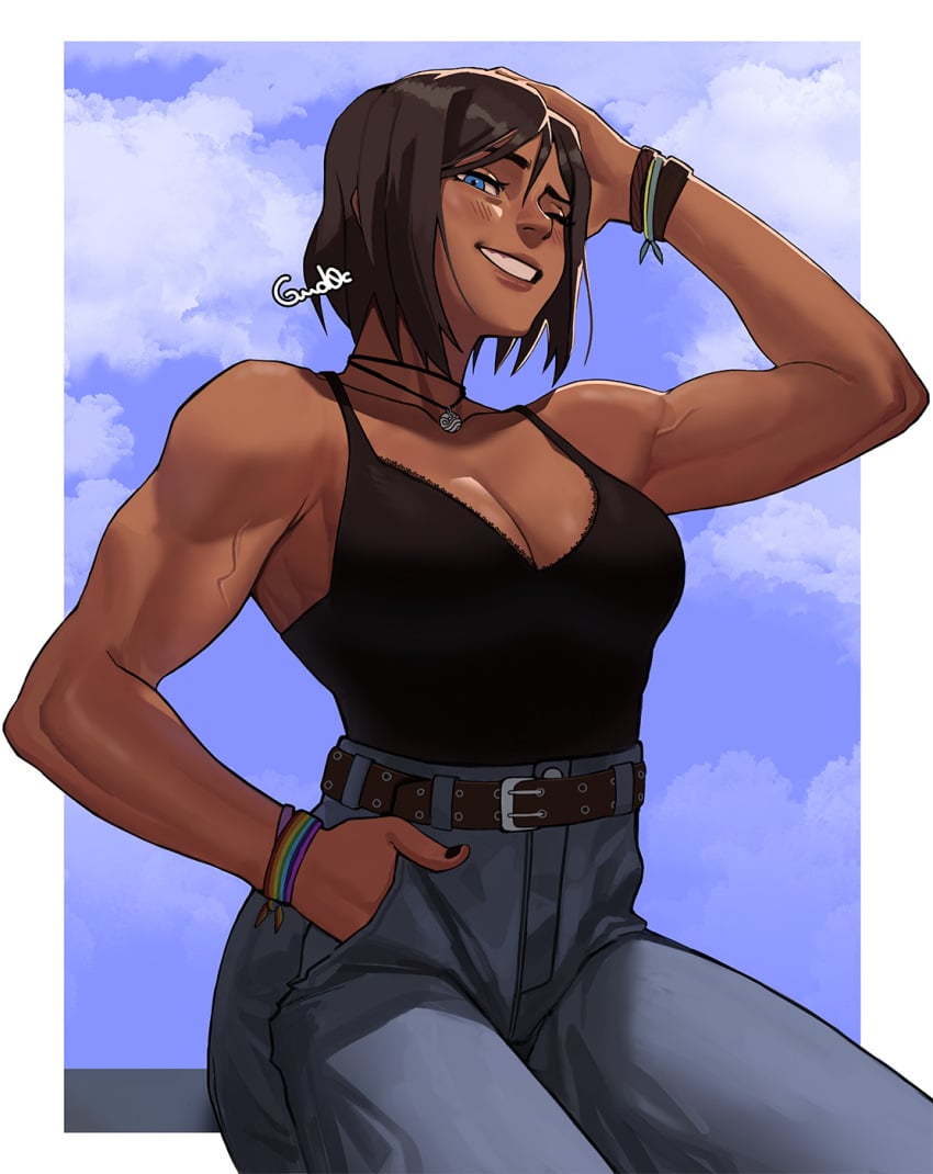 1girls avatar_legends belt biceps black_nails blue_eyes blush bracelet breasts brown_eyes brown_lips camisole choker cleavage clothing commentary dark-skinned_female dark_skin denim english_commentary female fingernails fully_clothed grin gud0c hand_in_pocket high-waist_pants highres jeans jewelry korra lace_trim looking_at_viewer medium_breasts muscular muscular_female nail_polish nose one_eye_closed pants pendant_choker ribbon_choker short_hair sitting smile solo the_avatar the_legend_of_korra veins water_tribe