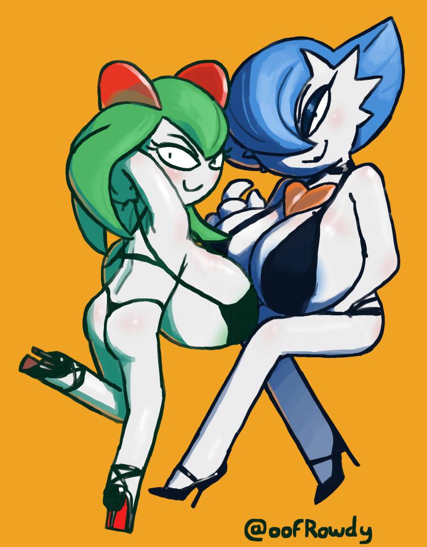 2girls anthro big_breasts bikini bikini_bottom bikini_top black_bikini black_eyes black_eyeshadow black_heels black_lips black_lipstick blue_hair breasts dark_blue_eyeshadow gabriella_(oofrowdy) gardevoir green_eyes heel_boots heeled_boots heels high_heels huge_breasts kirlia kirly_(oofrowdy) large_breasts lipstick mole_on_breast mother_and_daughter multiple_girls oofrowdy pokémon_(species) pokemon pokemon_(species) pokemon_only pokephilia red_horns top_heavy