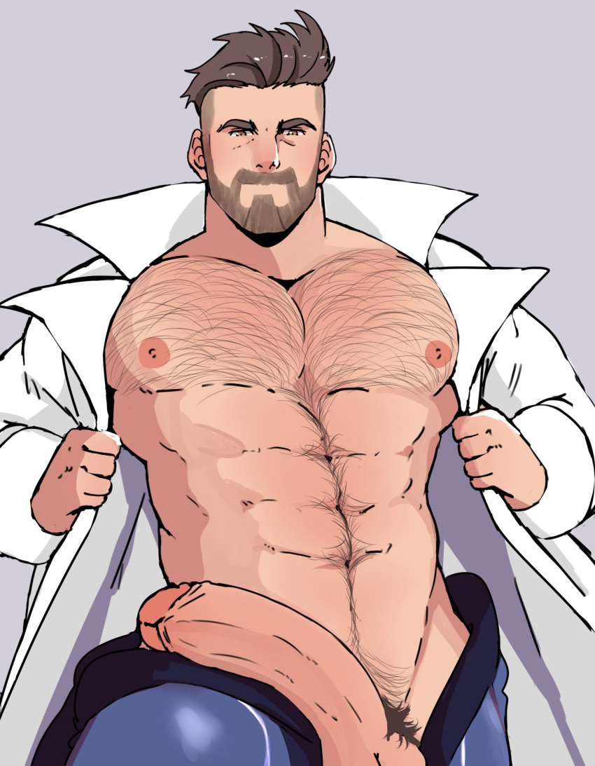 1boy bara beard big_penis boner curved_penis erect_penis erection fanart hairy hairy_chest hard_on huge_cock looking_at_viewer male male_only muscles muscular muscular_male open_coat penis_out pokemon pokemon_sv professor_turo uncut wickedsturdy