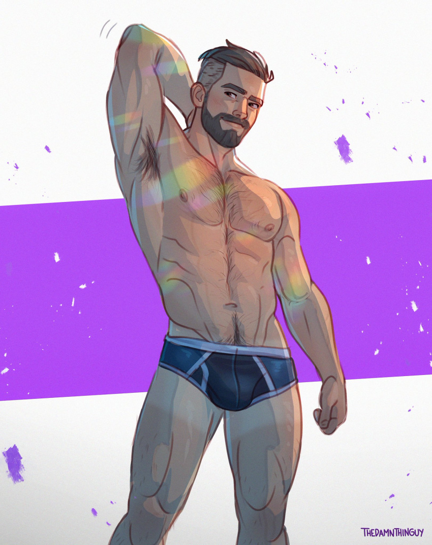 1boy arms_behind_head bara briefs briefs_only bulge fanart hairy male male_only male_underwear muscles muscular muscular_male pinup pokemon pokemon_sv posing professor_turo tanline underwear underwear_only vic_regis watermark