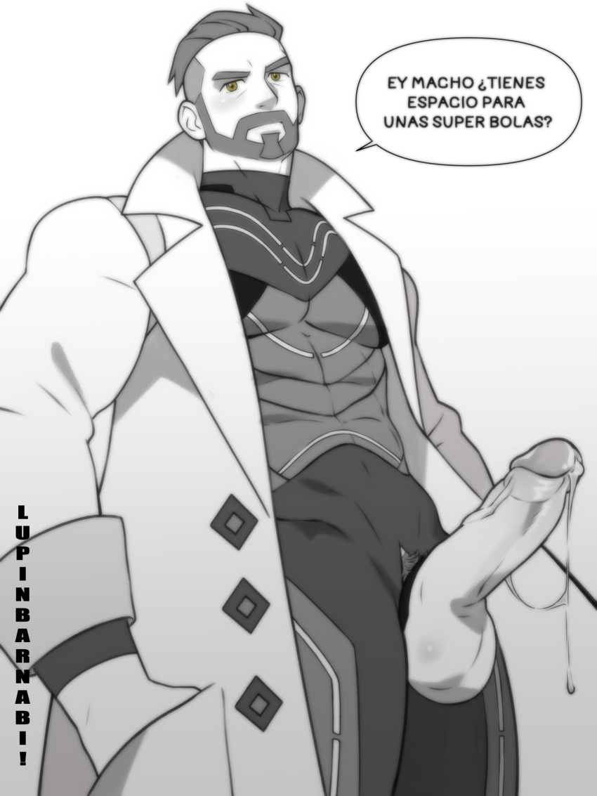 1boy bara black_and_white boner clothed dialogue erect_penis erection facial_hair hard_nipples lupin_barnabi male male_only monochrome muscles muscular muscular_male penis_out pokemon pokemon_sv precum precum_drip professor_turo solo solo_male spanish_text uncolored uncut veiny_penis