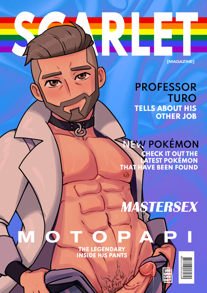 abs bara beard dick fanart iagobra magazine_cover male male_only necklace penis pokemon pokemon_sv precum pride professor_turo rainbow