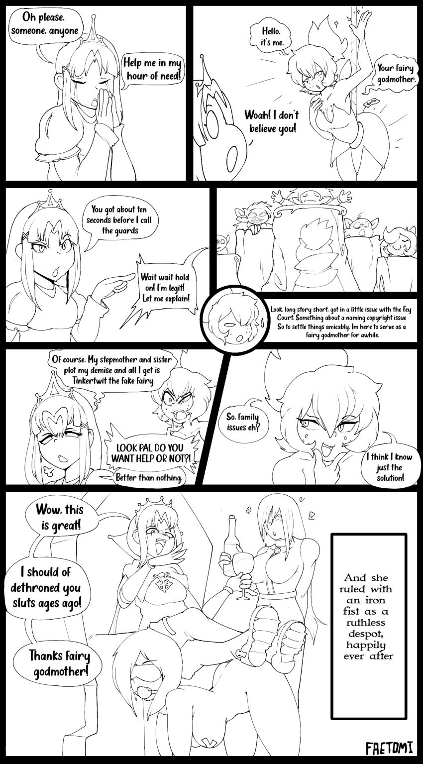 ball_gag black_and_white bondage bondage_gear boots comic corruption crown dialogue fae_(faetomi) faetomi fairy fairy_wings hypnosis monochrome original original_character princess text tiara