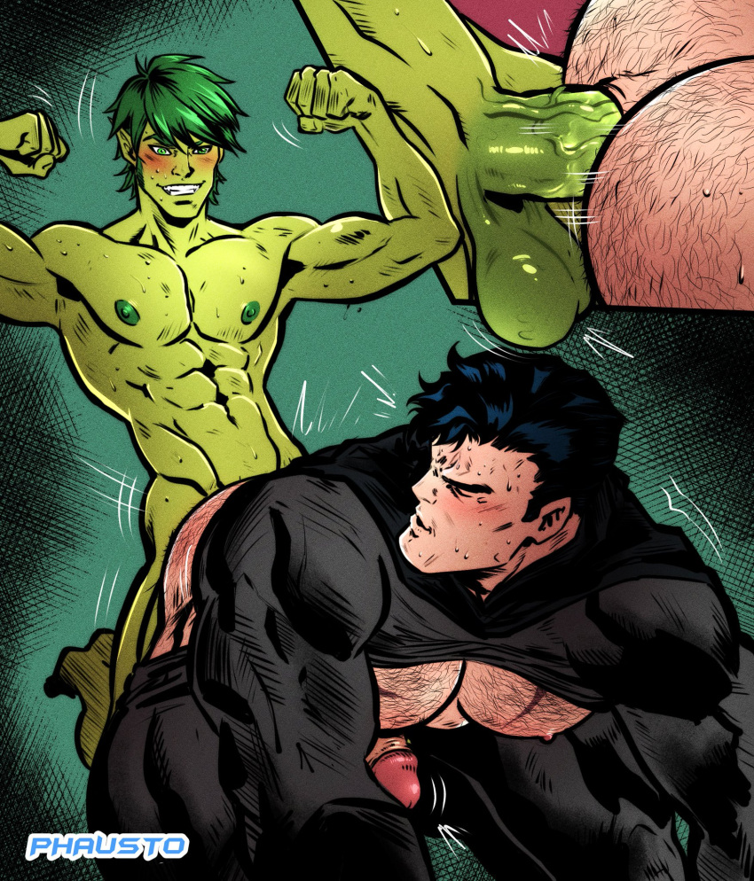 2boys anal anal_sex armpit armpits batman batman_(series) beast_boy beast_boy_(new_52) boner bruce_wayne close-up dc dc_comics erect_while_penetrated erection flexing garfield_logan gay gay_sex green_hair green_skin hairy hairy_ass looking_back low_hanging_balls male male_only muscles muscular muscular_male nude pants_down phausto shirt_lift teen_boy yaoi