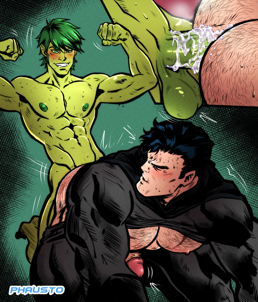 2boys anal anal_sex armpit armpits batman batman_(series) beast_boy beast_boy_(new_52) boner bruce_wayne close-up cum cum_in_ass cum_inside dc dc_comics erect_while_penetrated erection flexing garfield_logan gay gay_sex green_hair green_skin hairy hairy_ass looking_back low_hanging_balls male male_only muscles muscular muscular_male nude pants_down phausto shirt_lift teen_boy yaoi