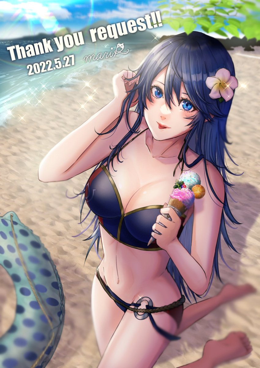 1girls alternate_costume beach bikini blue_bikini blue_eyes blue_hair blue_swimsuit breasts cleavage day eva02asuka0608 female female_only fire_emblem fire_emblem_awakening flower food from_above hair_flower ice_cream large_breasts long_hair looking_up lucina_(fire_emblem) nintendo ocean outdoors sand solo swimsuit symbol-shaped_pupils tongue tongue_out