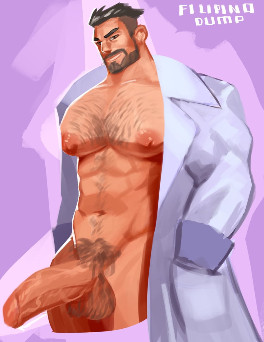 1boy bara big_penis boner erect_penis erection filipino_dump hairy_balls hard_on huge_cock male male_only muscles muscular muscular_male open_coat pokemon pokemon_sv professor_turo pubes smile uncut veiny_penis