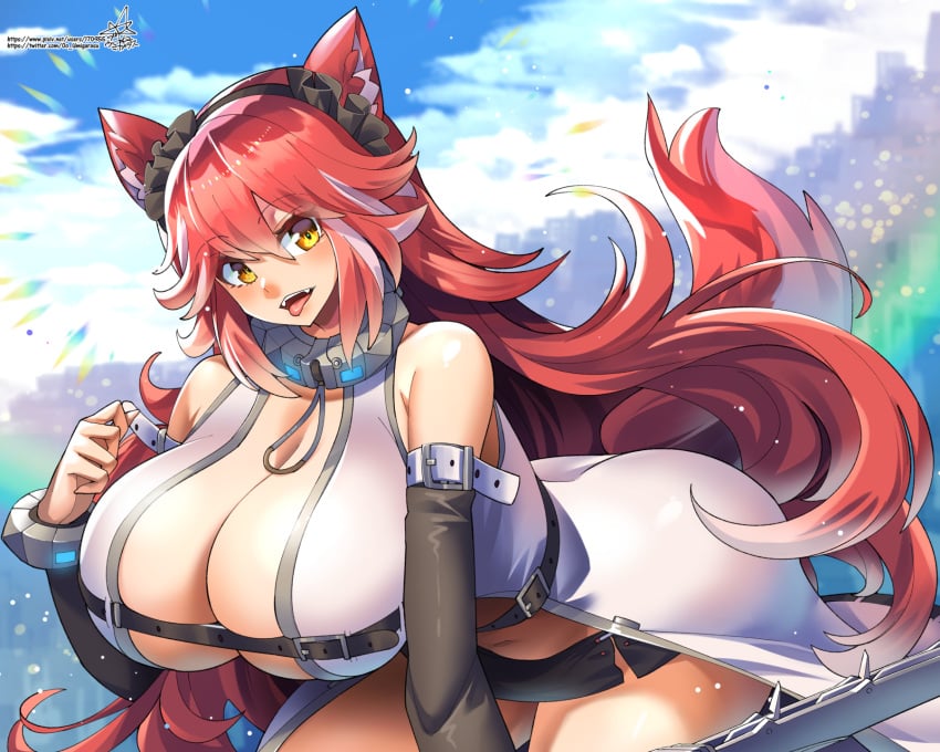 animal_ears belt beltbra blush breasts cleavage cloud cloudy_sky collar detached_sleeves fangs female fenrir_(last_origin) gradient_hair hairband highres huge_breasts last_origin long_hair looking_at_viewer multicolored_hair navel oo_umigarasu red_hair signature sky smile solo tail tongue tongue_out two-tone_hair umigarasu_(kitsune1963) very_long_hair watermark web_address wolf_ears wolf_girl wolf_tail yellow_eyes