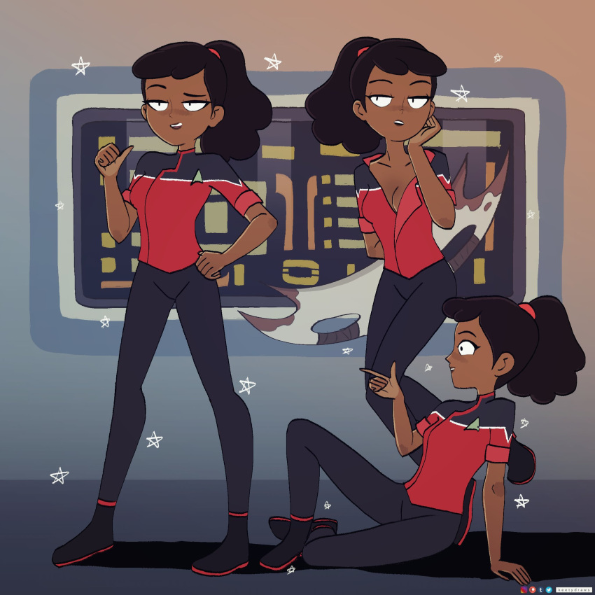 2021 artist_name bat'leth beckett_mariner bedroom_eyes blush cleavage clothed collarbone dark_skin female holding_weapon human kt-draws lcars ponytail red_hairband red_shirt sitting solo standing star_trek star_trek_lower_decks starfleet_insignia starfleet_uniform