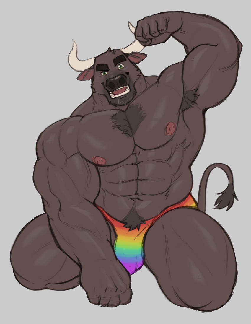 1boy 2022 abs absurd_res adios anthro armpit_hair biceps body_hair bovid bovine brown_body brown_fur bulge cattle clothed clothing flexing fur genital_outline green_eyes grey_background hi_res horn kneeling lgbt_pride looking_at_viewer male male_only mammal muscular muscular_male nipples open_mouth pecs penis_outline pose pride_colors pubes quads simple_background skimpy solo tail_tuft teeth thong tongue triceps tuft underwear