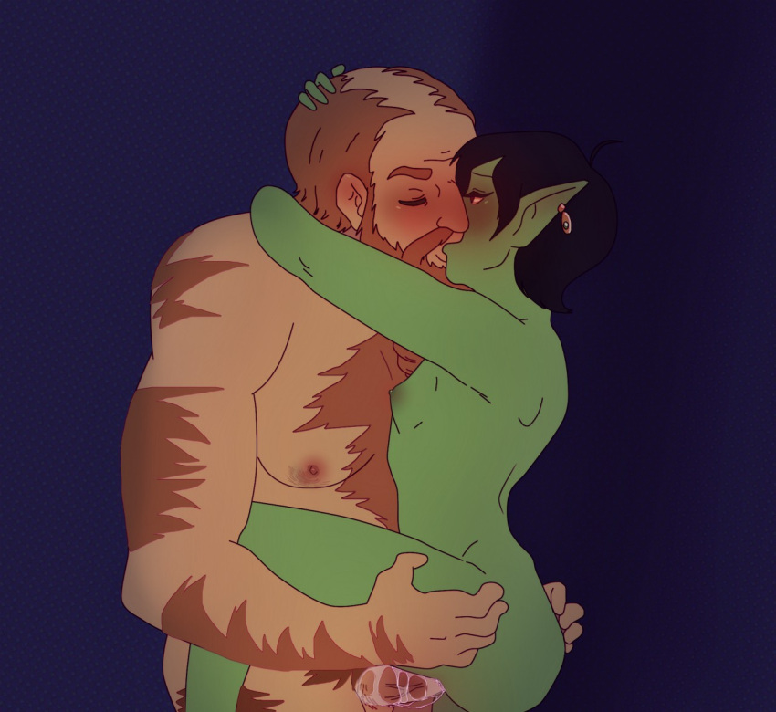 anal anal_sex arm_around_neck barnabus_(keroro623) blenafee_(keroro623) blush duo dwarf ear_piercing embrace girly goblin goblin_female hairy humanoid kissing male male/male penetration piercing unknown_artist