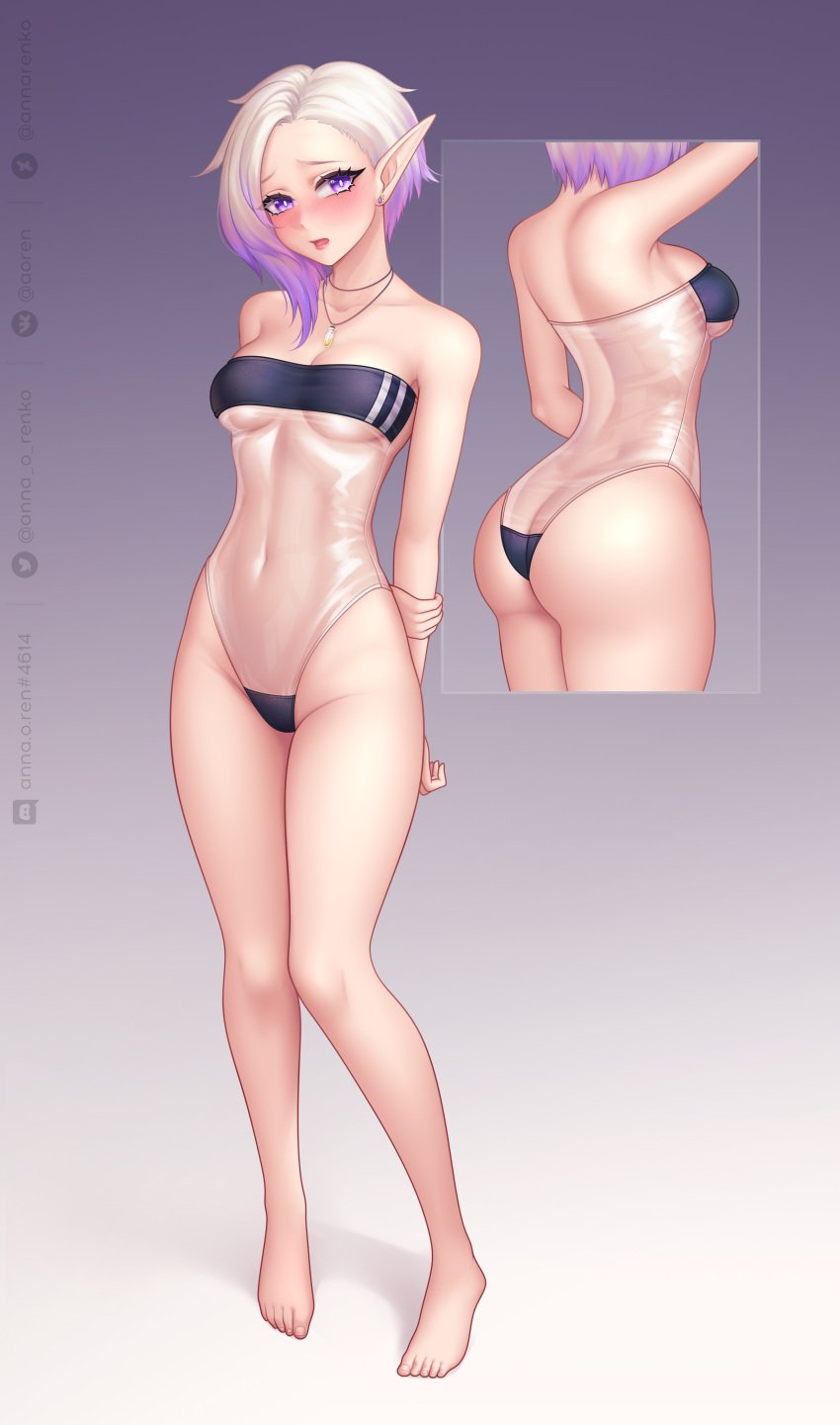 anna_o_renko blonde_hair blood_elf elf embarrassed female female_only gris_swimsuit high_elf highlights_(coloring) purple_eyes revealing_clothes swimsuit world_of_warcraft yenlim