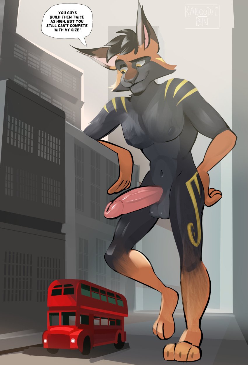 2022 absurd_res anthro balls building city dialogue digitigrade double_decker_bus english_text felid feline fur genitals giant hi_res kanoodlebin leaning_on_building legacy_(freschrenders) lynx macro male mammal naked nude penis skyscraper solo speech_bubble text