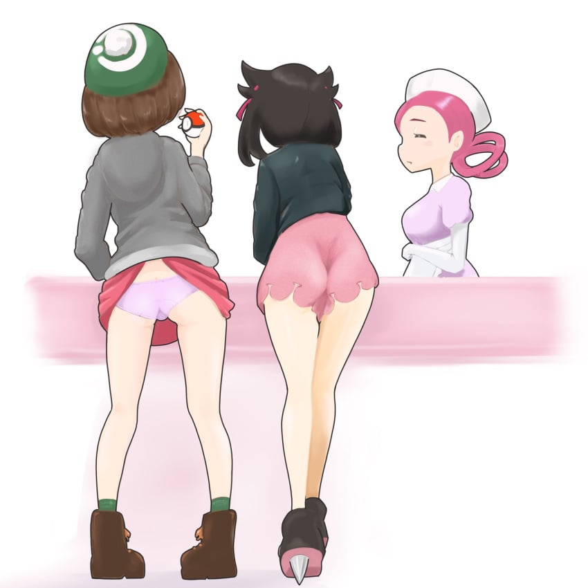 3girls ass back_view female female_only gloria_(pokemon) human human_only marnie_(pokemon) microsd_(artist) multiple_girls nintendo nurse_joy panties pokemon pokemon_ss short_hair upskirt wardrobe_malfunction