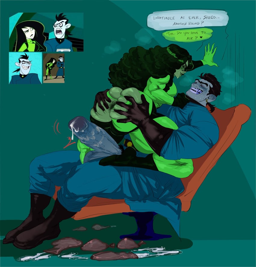 1boy 1boy1girl 1girls after_anal alternate_body_type alternate_muscle_size anus ass_grab big_hair blue_skin bodysuit chair collar_grab couple cum dialogue dr._drakken drake earrings female gloves green_bodysuit green_hair green_skin grin huge_ass huge_cock kim_possible lips male multicolored_clothes muscular_female muscular_male shego sitting speech_bubble straight straight_hair sweat thick_thighs torn_clothes unhealthydoc used_condom