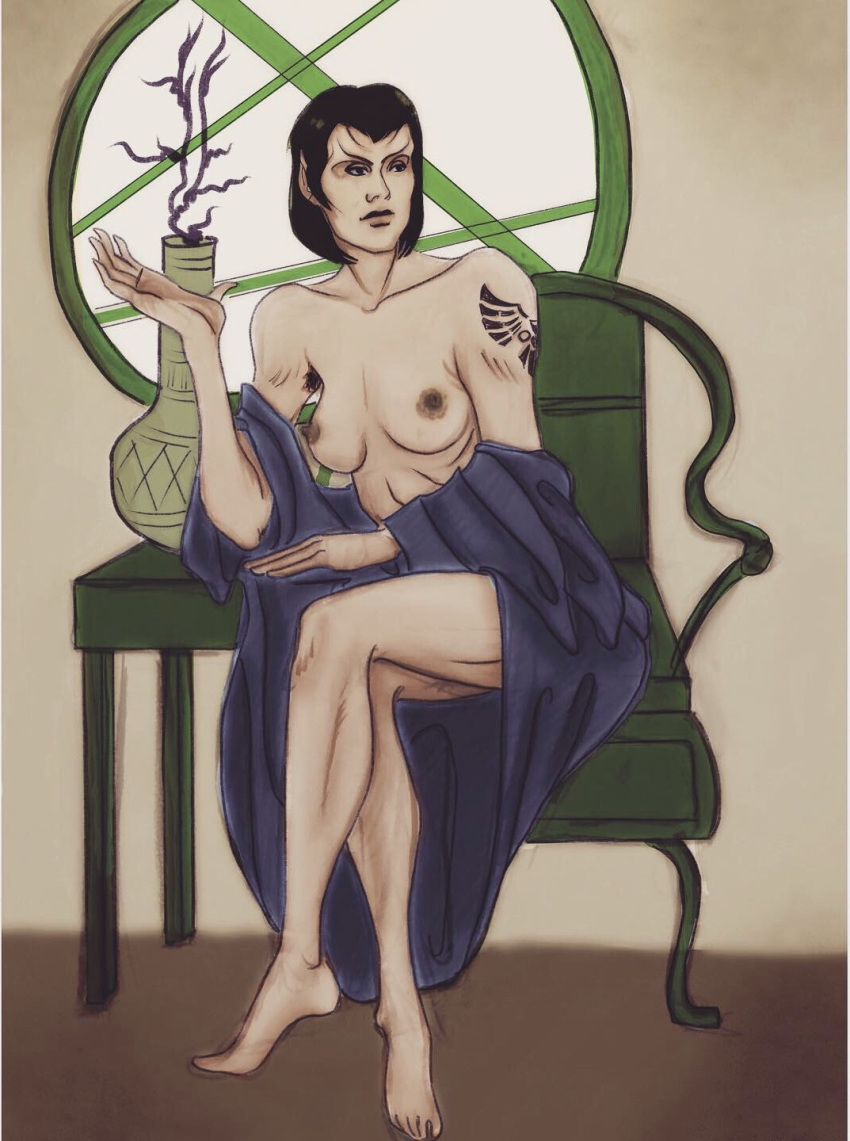 2019 areolae armpit_hair bad_anatomy bare_legs bare_shoulders breasts female forehead_ridges legs_crossed medium_breasts nightgown nipples nude on_chair pinup ribs romulan_(species) senyorspock sitting solo star_trek tattoo topless