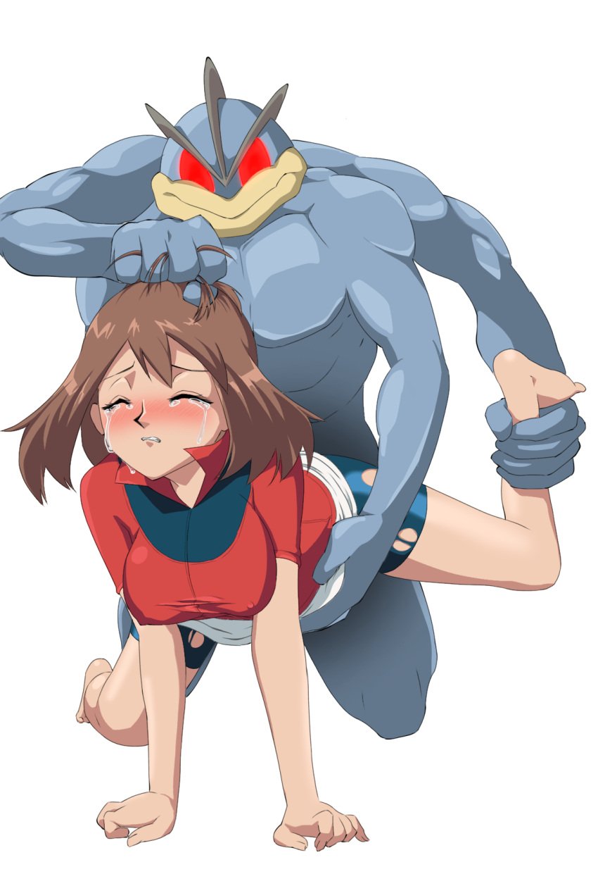 1boy 1girls 4_arms bangs barefoot big_dom_small_sub bike_shorts blush breasts brown_hair closed_eyes commentary_request covered_nipples crying doggy_style eyelashes female femsub highres human implied_sex interspecies larger_male leg_up machamp male_pokemon/female_human maledom may_(pokemon) medium_breasts multi_arm multi_limb parted_lips pokemon pokemon_(anime) pokemon_(species) pokephilia rape red_shirt sakura_painter sex_from_behind shirt short_sleeves size_difference skirt smaller_female spread_legs tears torn_bike_shorts torn_clothes transparent_background white_skirt