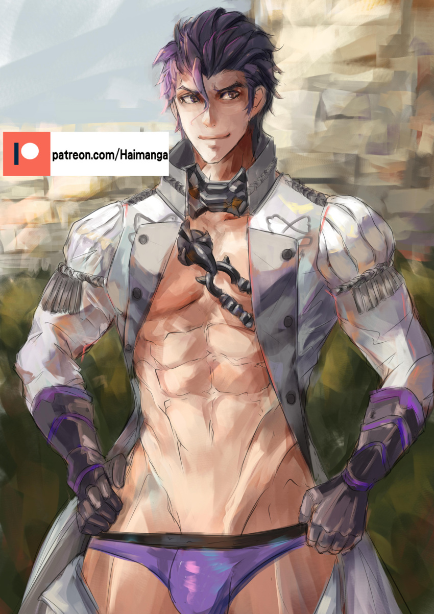 abs balthus_von_albrecht boxers boxers_down buldge coat fire_emblem fire_emblem:_three_houses gallant1110 haimanga hands_on_hips male_focus male_only more_at_source pants_down pebs sample trousers_down underwear