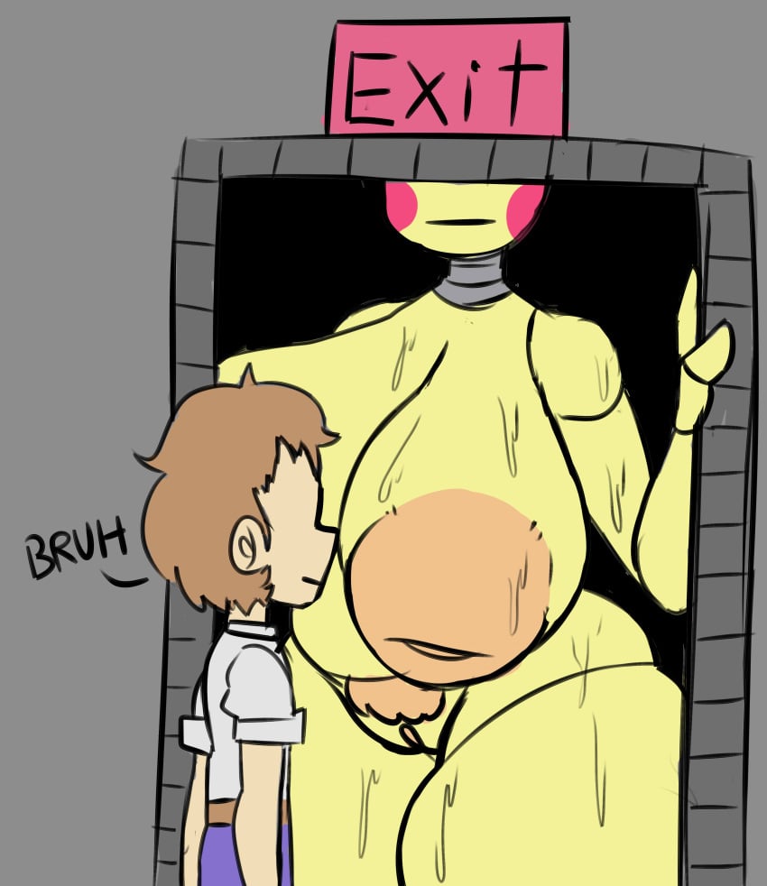 absurd_res animatronic anthro areola avian beakless big_areola big_breasts big_nipples bird bottomwear breasts brown_hair bush chicken clothed clothed/nude clothed_male_nude_female clothing cumlord cumlord_(artist) dialogue doorway duo exit_sign eyeless female five_nights_at_freddy's five_nights_at_freddy's_2 galliform gallus_(genus) genitals grey_background hair hi_res huge_areola huge_breasts huge_nipples human inverted_nipples just_coffee larger_female machine male mammal nipples nude obscured_eyes pants phasianid pubes pussy robot rosy_cheeks scottgames shirt simple_background size_difference smaller_male tan_areola tan_nipples text thick_thighs topwear toy_chica_(fnaf) video_games wet wide_hips