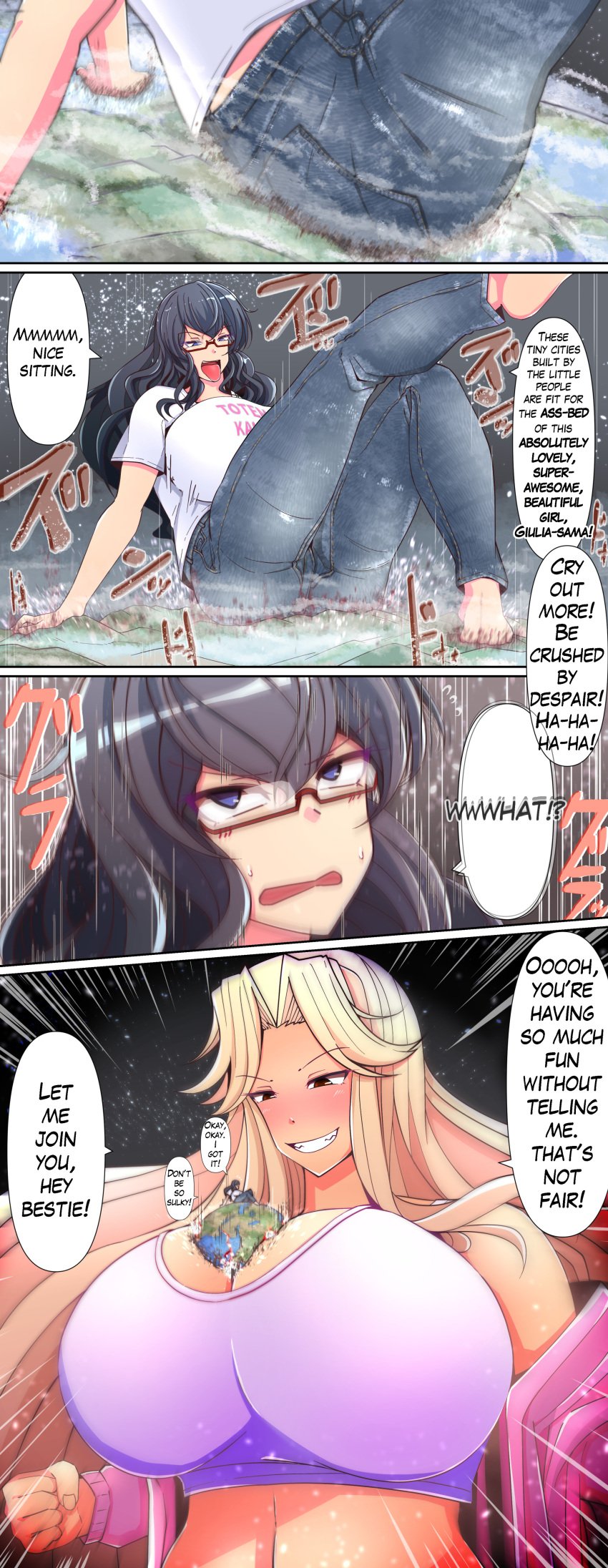 big_breasts black_hair blonde_hair breast_crush breasts_bigger_than_planet butt_crush clothing comic destruction earth english english_text giantess giga_giantess glasses huge_breasts jeans large_breasts planet planet_between_breasts red_eyes takaisen text