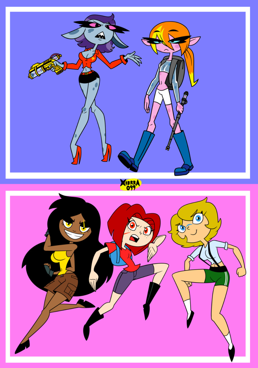 5girls alien alien_girl angry angry_face backpack big_breasts black_hair blaster blonde_hair blue_eyes blue_skin boots cattle_prod clothed clothed_female dark-skinned_female dress_shirt eye_scar eyebrow_scar female_focus flat_chest grin grinning gun heels heroine high_heels human_female jeans laser_gun light-skinned_female magical_girl miniskirt normal_breasts orange_hair original_characters pale-skinned_female pink_eyes pink_skin pointy_ears ponytail pose posing purple_hair red_eyes red_hair scar scar_on_cheek scar_on_nose scars shorts straps talking_to_partner walking xierra099 yellow_eyes yellow_swimsuit