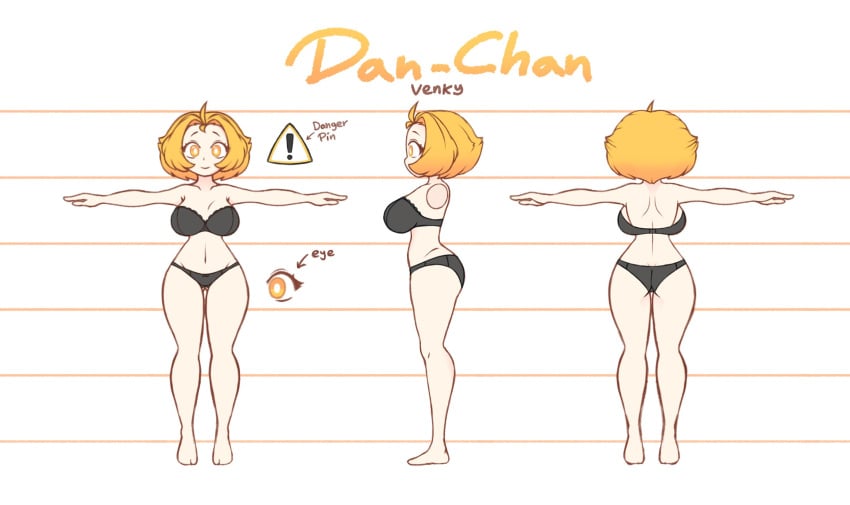 ! ahoge back_view big_breasts black_bra black_panties blonde_hair bra character_sheet danchan danger_sign frilled_bra multiple_views panties smiling solo solo_focus t-pose thin_waist underwear venky white_skin wide_hips yellow_eyes