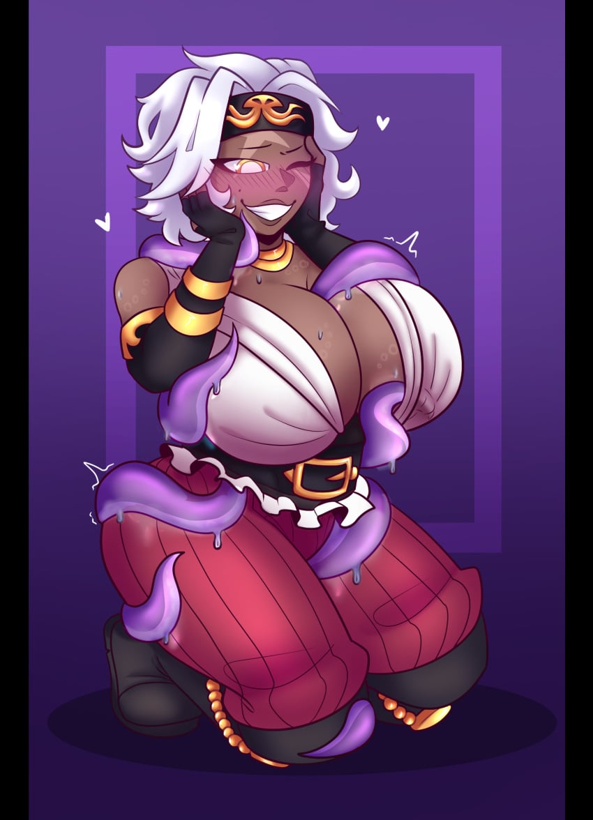 1girls big_breasts blush brawlhalla dark-skinned_female dark_skin female gold_(metal) pirate sidra_(brawlhalla) tentacle thick_thighs toldohorny video_games white_hair wink yellow_eyes