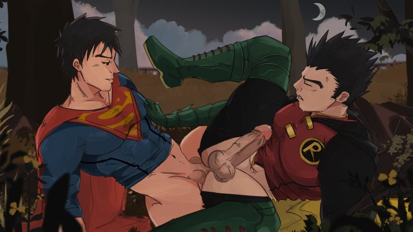 battle_of_the_supersons black_hair blue_eyes damian_wayne dark_skin dc dc_comics foreskin gay gay_sex green_eyes hanamuransfw jon-el jonathan_kent male male/male male_penetrated penis retracted_foreskin robin_(damian_wayne) robin_(dc) superboy superboy_(jonathan_kent) superhero supersons teenager uncircumcised unmasked yaoi