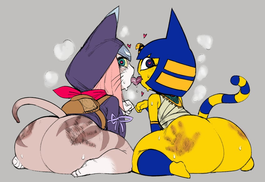 2girls animal_crossing ankha ankha_(animal_crossing) anthro ass big_ass color colored crossover edit edited felyne female female_only french_kiss furry hand_print hanon(editor) huge_ass kissing krekk0v large_ass looking_at_viewer looking_back monochrome monster_hunter monster_hunter_stories_2:_wings_of_ruin nintendo palico shortstack slap_mark spank_marks spanked thick_ass thick_thighs tsukino_(monster_hunter_stories) wide_hips yuri