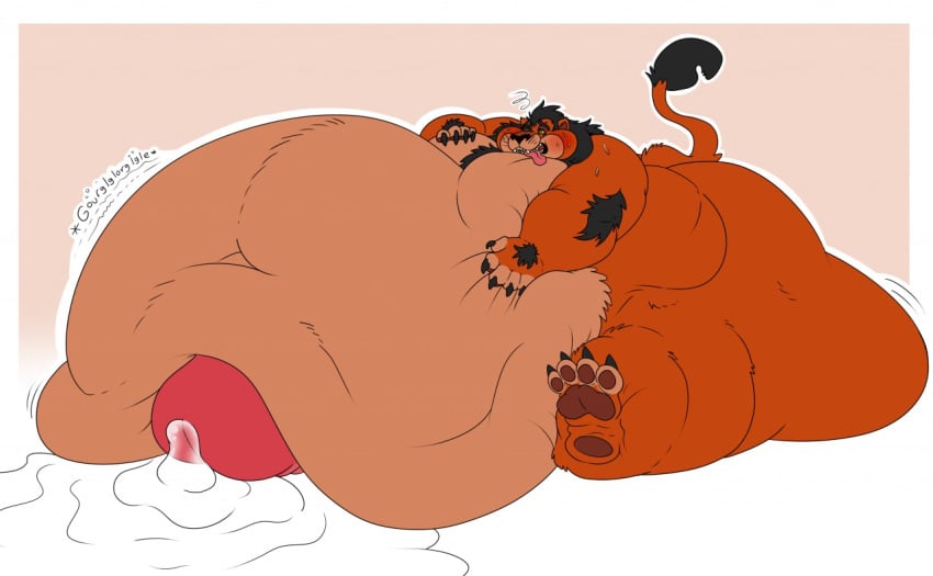 anthro belly big_belly big_penis black_hair bodily_fluids disney eggo21 erection excessive_precum fat felid fur genital_fluids genitals hair hand_on_stomach huge_cock hyper hyper_belly hyper_genitalia hyper_penis leaking_precum lion male mammal morbidly_obese morbidly_obese_male obese obese_male orange_body orange_fur overweight overweight_male pantherine penis precum rumbling_stomach scar_(the_lion_king) solo sweat the_lion_king weight_gain