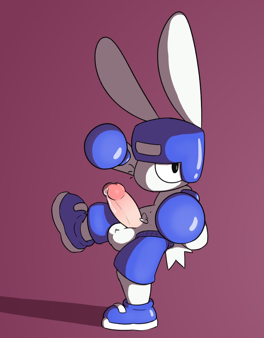 1boy absurd_res anthro balls bippy bottomwear boxing_gloves clothing erection genitals handwear hi_res humanoid_genitalia humanoid_penis lagomorph leporid male mammal penis rabbit rabblet shorts solo tough_bippy wan_wan_games