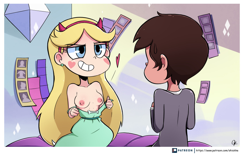 1boy 1girls 2018 areolae bandana bean_smile bedroom breasts disney disney_channel disney_xd dress_down duo earrings eyebrows_visible_through_hair eyeless_male flashing flashing_breasts flirting fully_clothed grabbing_clothing imminent_sex marco_diaz medium_breasts nipples ohiekhe patreon shirt signature smiling star_butterfly star_vs_the_forces_of_evil teenager teeth thin