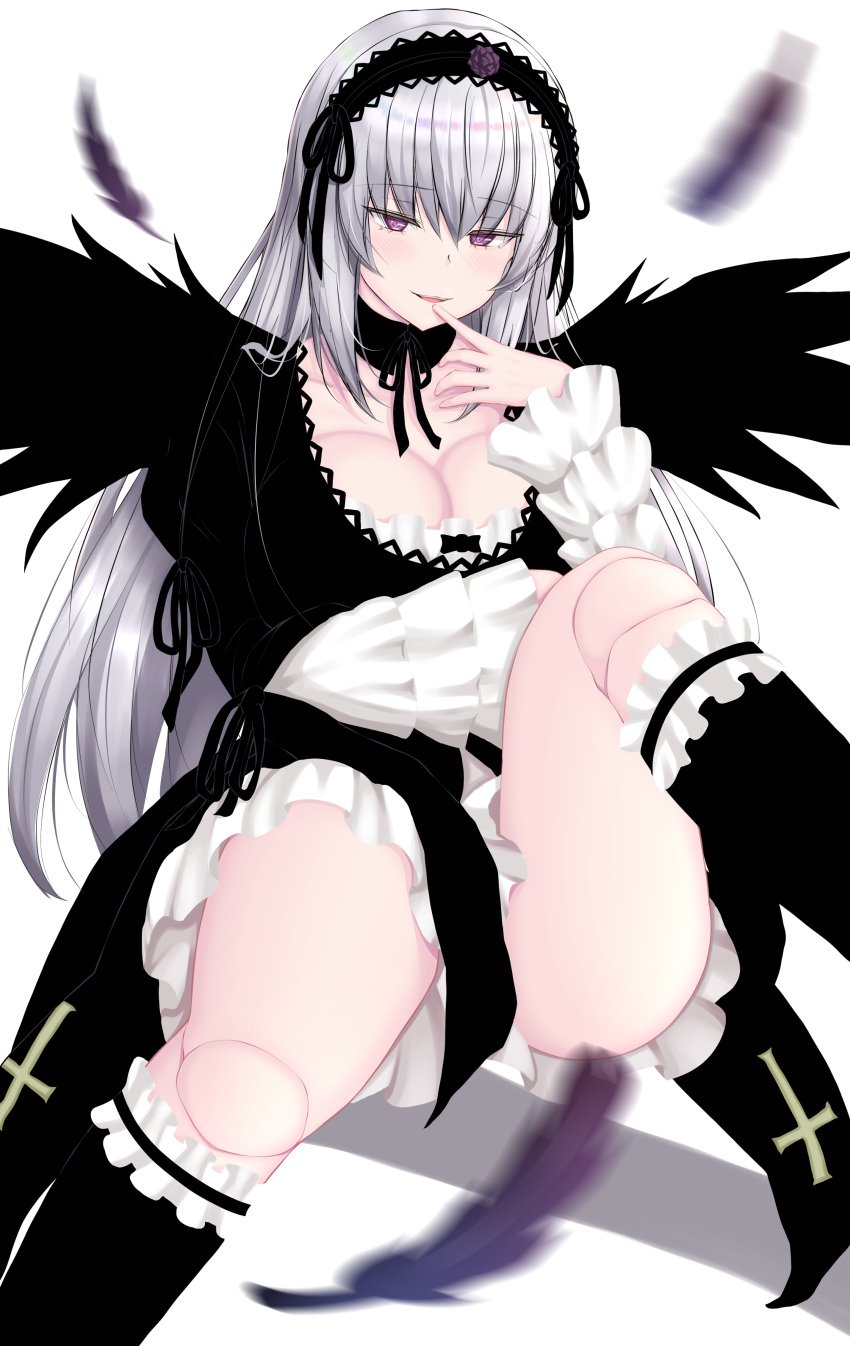 absurdres arm_under_breasts bangs black_collar black_dress black_hairband black_legwear black_ribbon black_wings blurry blurry_foreground blush breasts chin_gero cleavage collar commentary_request cross doll_joints dress eyebrows_visible_through_hair falling_feathers feathers female finger_to_mouth flower frilled_dress frilled_legwear frilled_sleeves frills gothic_lolita grey_hair hair_between_eyes hairband hand_up highres index_finger_raised inverted_cross joints kneehighs large_breasts layered_dress leg_up lolita_fashion lolita_hairband long_hair long_sleeves looking_at_viewer neck_ribbon parted_lips purple_eyes purple_feathers purple_flower purple_rose ribbon rose rozen_maiden seductive_smile sidelocks simple_background sitting sleeves_past_wrists smile solo suigintou teeth two-tone_dress upper_teeth very_long_hair white_background white_dress wings