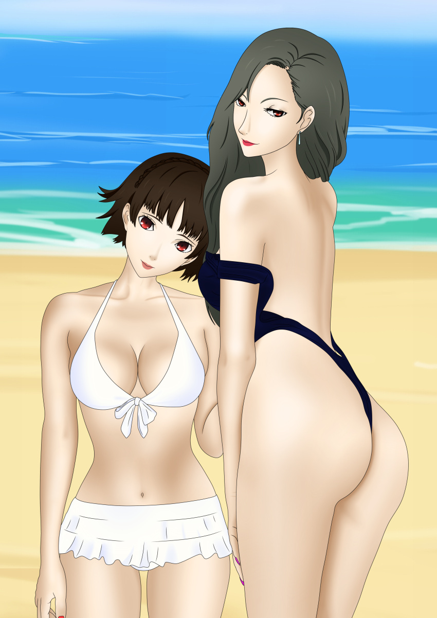 2girls ass atlus breasts female makoto_niijima outside persona persona_5 sae_niijima sae_niijima_(artist) swimsuit tagme