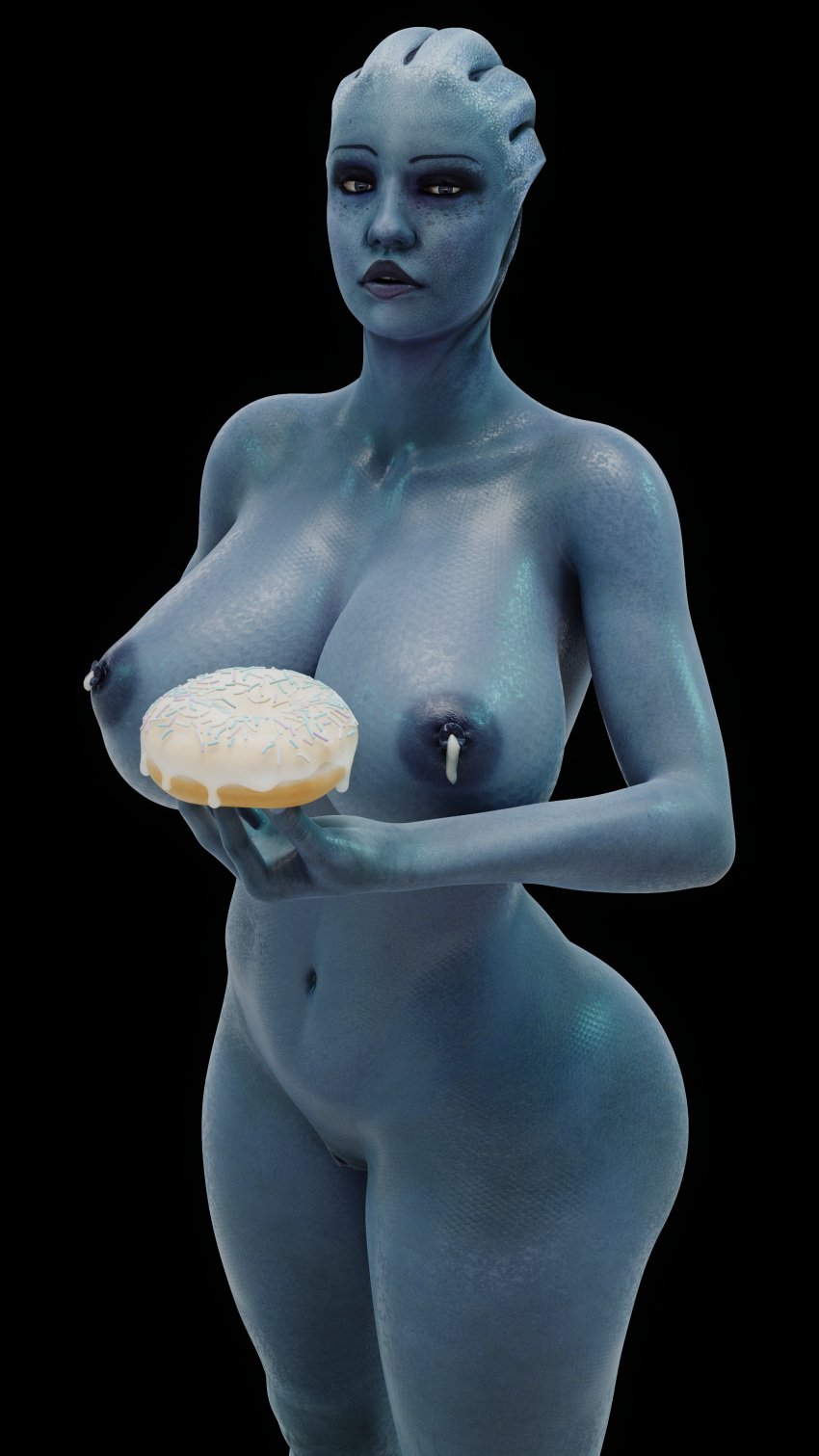 1girls 3d alien alien_girl asari blue_skin breasts donut feizaisfm female female_only lactating lactation liara_t'soni looking_at_viewer mass_effect milk nude solo