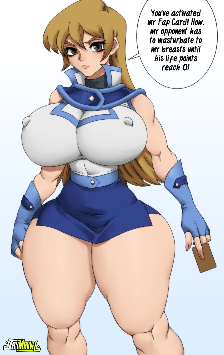 1girls alexis_rhodes alternate_breast_size big_breasts blonde_hair breasts card clothed clothing dialogue english_text female female_only fingerless_gloves gloves grey_eyes huge_breasts jay-marvel large_breasts long_hair looking_at_viewer nipple_bulge simple_background solo solo_female speech_bubble text thick_thighs thin_waist voluptuous white_background wide_hips yu-gi-oh! yu-gi-oh!_duel_monsters_gx yu-gi-oh!_gx