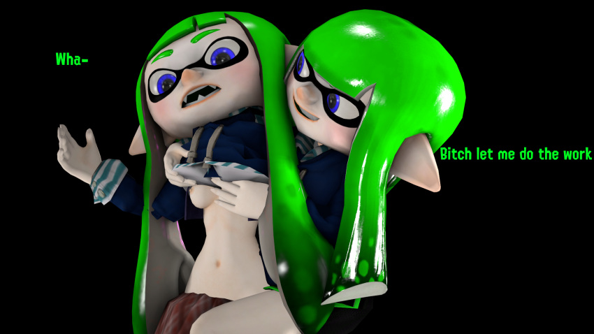 alternate_version blue_eyes grabbed_from_behind green_hair imminent_sex inkling inkling_girl jennifer_(thesssfm) lifted_shirt lowered_skirt medium_breasts no_background splatoon text thesssfm thesssfm(oc) yuri