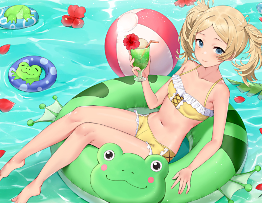 1girls alternate_costume bare_shoulders bikini bikini_shorts blonde_hair blue_eyes breasts collarbone commission cup drinking_glass female female_only fire_emblem fire_emblem_awakening flat_chested flower frog haru_(nakajou-28) hibiscus holding holding_cup innertube lissa_(fire_emblem) looking_at_viewer medium_hair mismatched_bikini navel nintendo short_twintails shorts small_breasts smile solo swimsuit twintails water yellow_bikini yellow_swimsuit