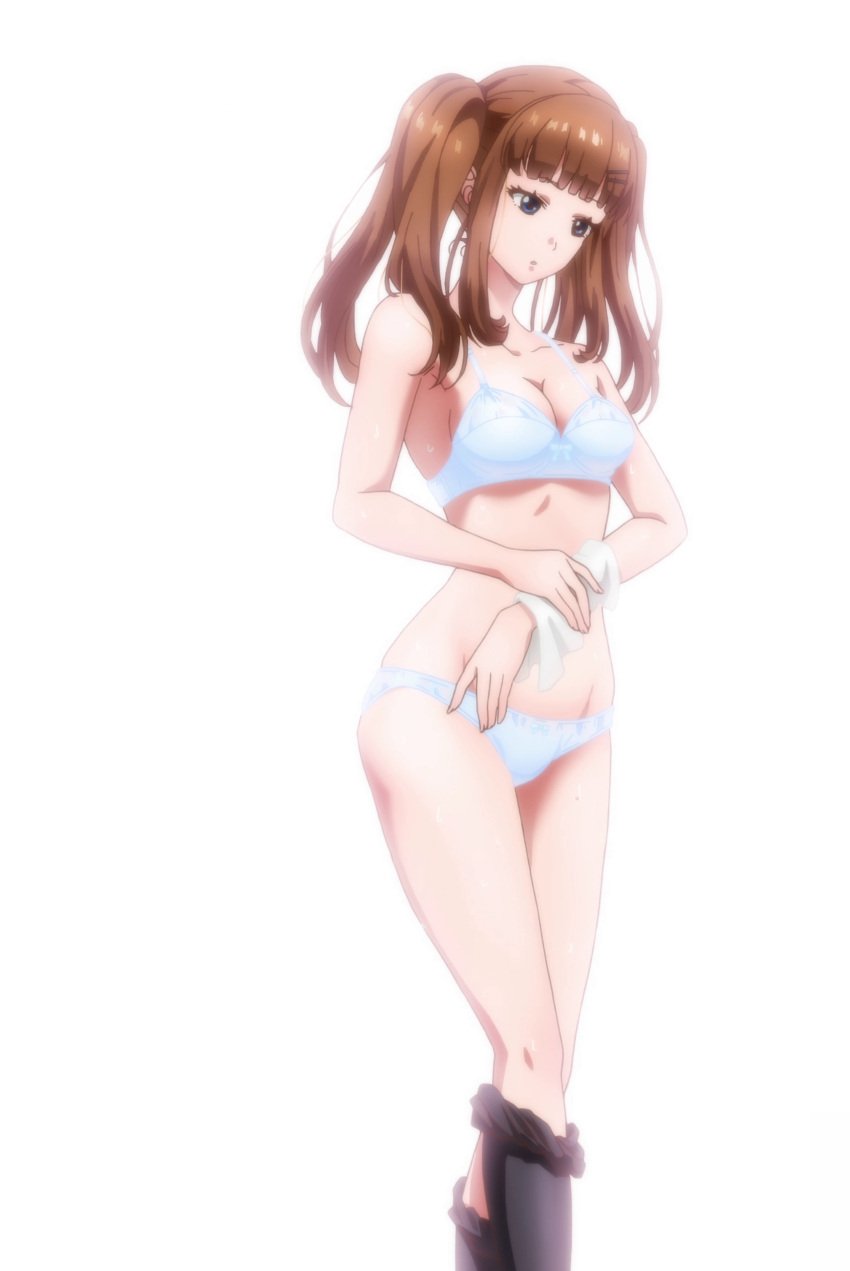 1girls black_legwear blue_eyes brown_hair brunette female female_focus female_only girl green_eyes half_dressed half_naked hankerchief looking_down mizuse_maria petite petite_body pigtails slim_waist tagme tomodachi_game underwear white_background white_panties