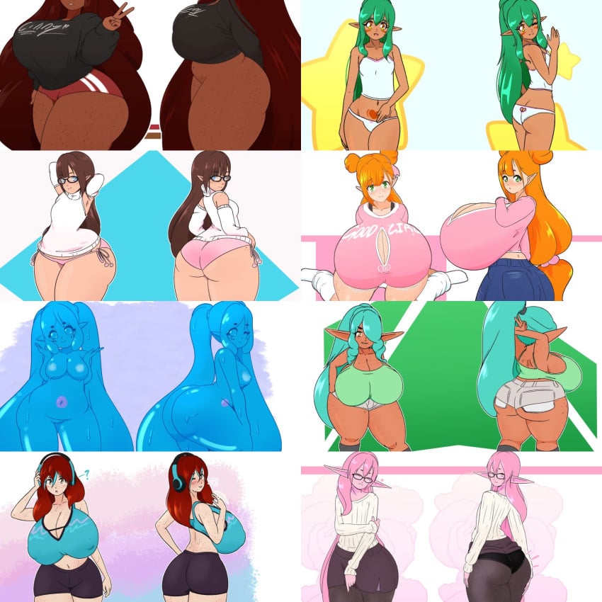 8girls aeria_(riley_moore) ass_cleavage butt_crack camisole celline_(riley_moore) character_sheet cinnamon_(riley_moore) elf_female elves female_only freckles girls goblin goblin_female hana_(riley_moore) huge_ass huge_breasts hyper_breasts lactation looking_at_viewer mimi_(riley_moore) mizu_(riley_moore) multiple_girls pencil_skirt petite plump presenting_ass riley_moore_(artist) rilli_oshina rosea_(riley_moore) shorts shortstack slightly_chubby slime slime_girl socks sweat sweater tagme thick_thighs