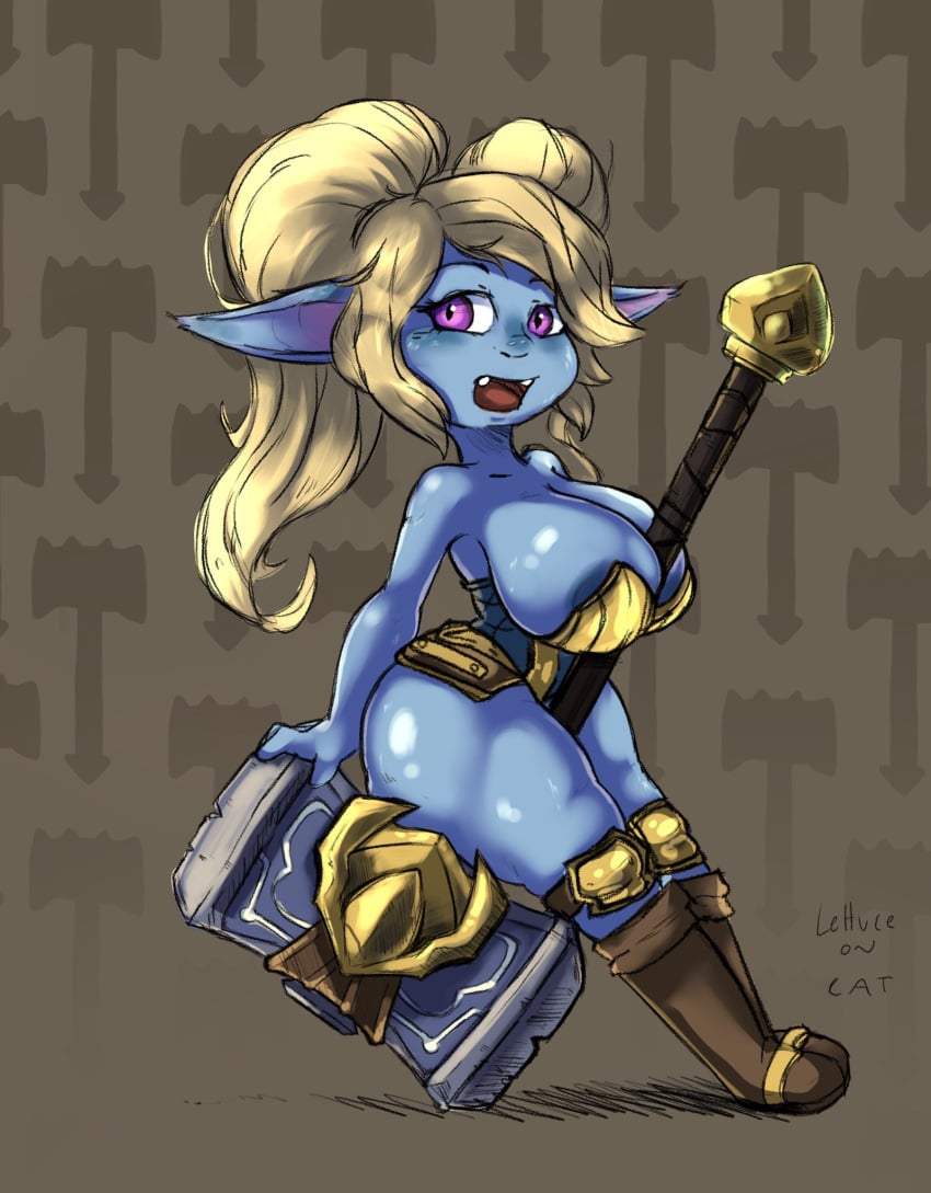 blonde_hair blue_body breasts clothed clothing female hair hammer hi_res humanoid league_of_legends lettuceoncat poppy purple_eyes riot_games skimpy skimpy_armor solo tools unconvincing_armor video_games yordle