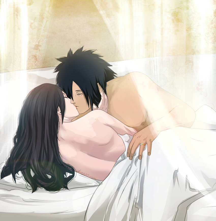 1boy 1girls after_sex black_hair closed_eyes couple cuddling curtains duo kissing lesya7 long_hair lying_on_bed lying_on_side male/female naked naruto naruto_(series) naruto_shippuden original_character ring romantic romantic_couple uchiha_madara under_covers wedding_ring