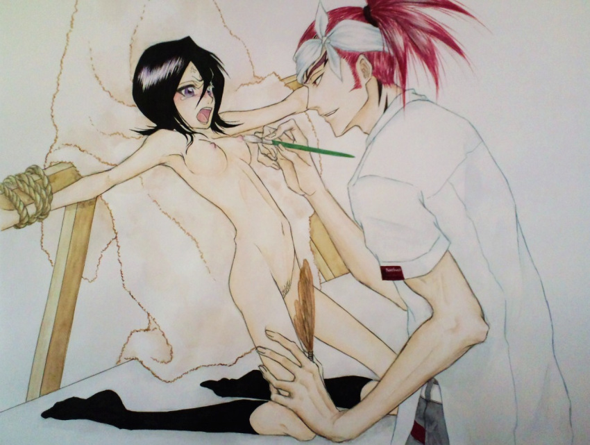 abarai_renji black_hair bleach bondage bound_arms brush erect_nipples feathers footwear kuchiki_rukia nipples nude purple_eyes red_hair renji_abarai socks tickling tied_up undressing