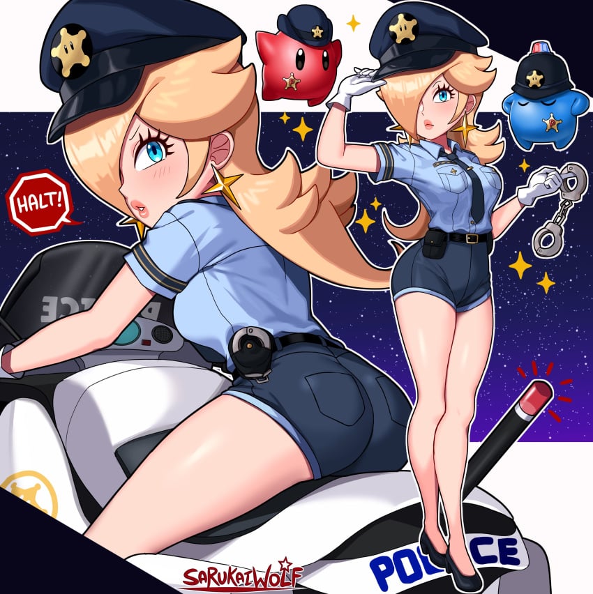 1girls ass big_ass big_butt big_thighs black_shorts blonde_hair blue_hair breasts butt buttoned_shirt earrings female gloves hair_over_one_eye handcuffs heels hi_res high_heels hotpants light-skinned_female light_skin lips lipstick long_hair looking_at_viewer luma mario_(series) navy_blue_shorts nintendo platinum_blonde_hair police police_bike police_hat police_officer police_uniform policewoman princess_rosalina sarukaiwolf short_shorts star_earrings thick thick_ass thick_butt thick_hips thick_thighs tucked_shirt white_gloves wide_hips