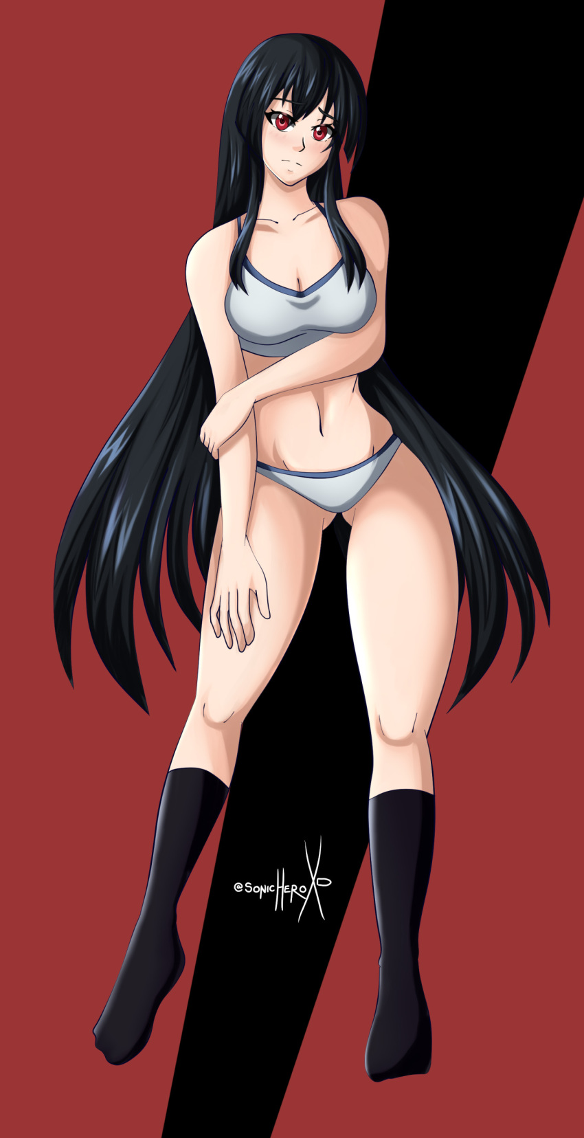 1girls akame_(akame_ga_kill!) akame_ga_kill! alluring black_hair bra breasts legs long_hair panties red_eyes socks sonicheroxd underwear