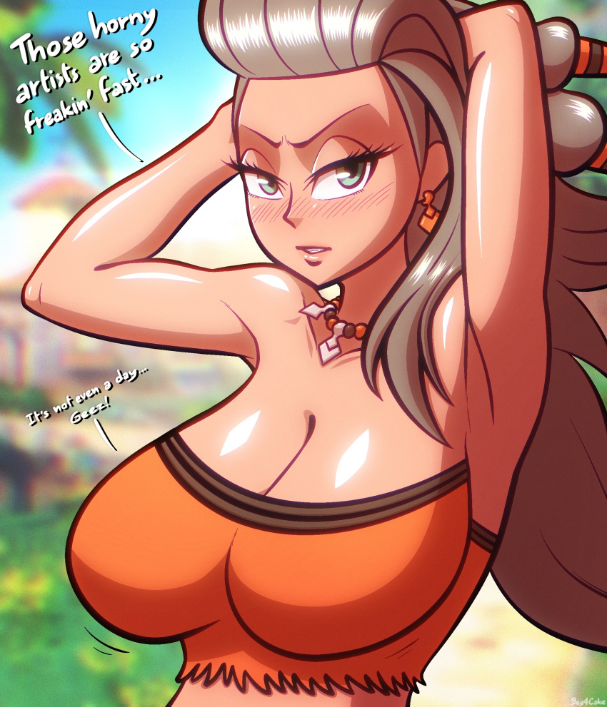 1girls alternate_breast_size beg4cake big_breasts bikini blush breasts breasts_bigger_than_head brown_hair brown_skin crop_top dakagite dark-skinned_female dark_skin earrings female female_focus female_only girl green_eyes kategida large_breasts long_hair looking_at_viewer necklace nintendo pokeball pokemon pokemon_professor pokemon_sv professor_sada_(pokemon) shiny_skin simple_background solo solo_female