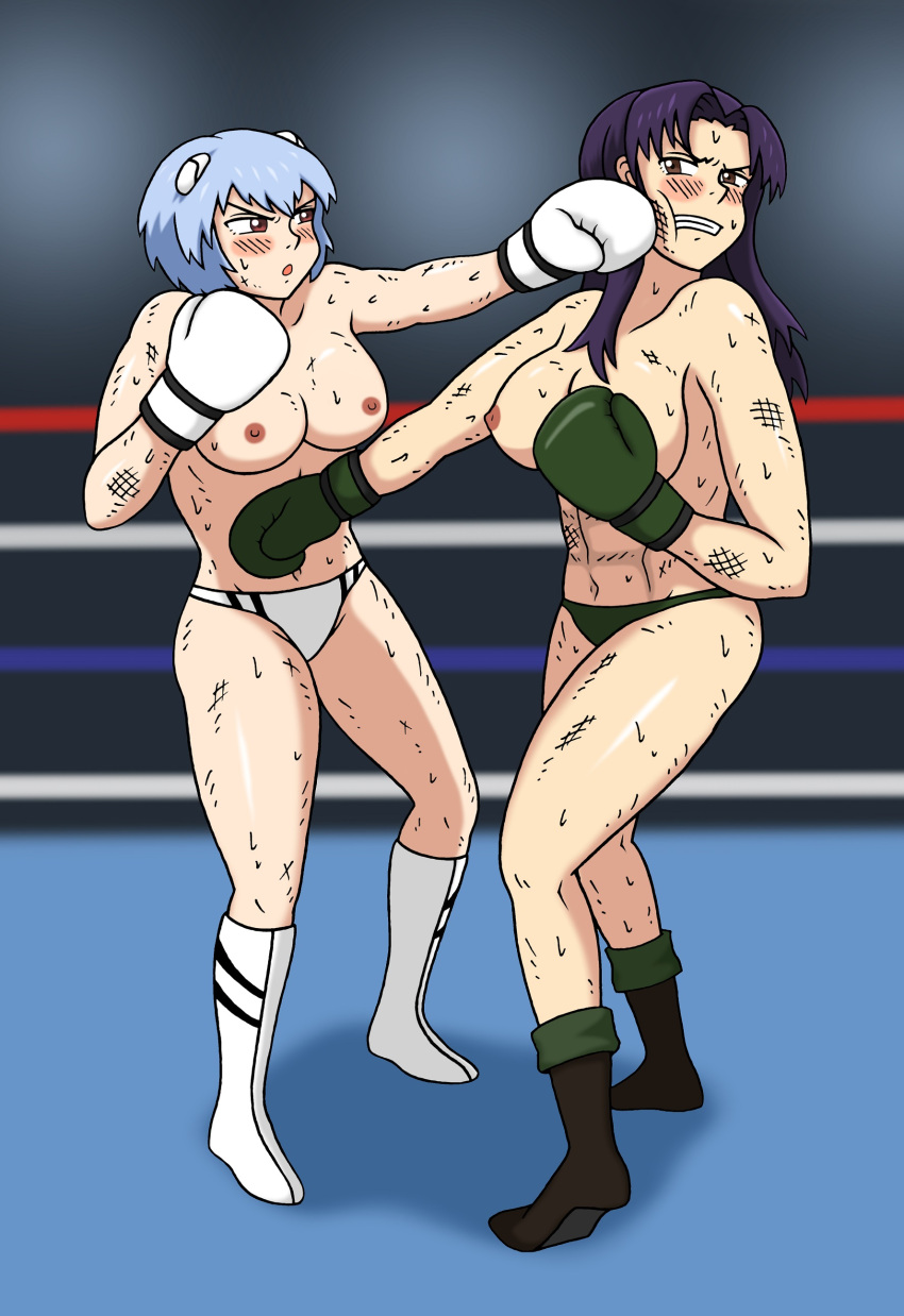 2girls age_difference blue_hair blush boxing boxing_gloves boxing_ring breasts catfight dark_green_boxing_gloves dark_green_gloves dark_green_panties female female_only fight gloves large_breasts light-skinned_female light_skin medium_breasts misato_katsuragi mostly_nude multiple_girls neon_genesis_evangelion nipples panties partially_clothed punch purple_hair red_eyes rei_ayanami socks sweat sweating sweaty topless topless_boxing white_boxing_gloves white_gloves white_panties