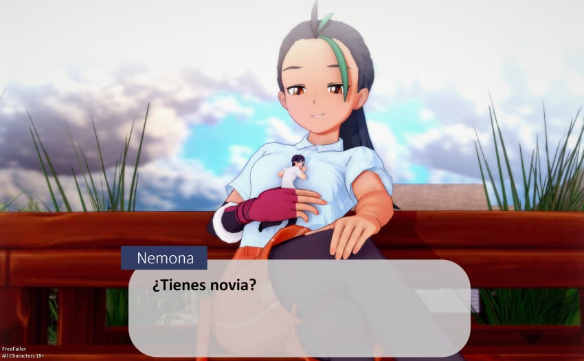 amber_eyes asking_out breasts clothed_breasts dialogue dialogue_box female fingerless_gloves hug hugging looking_down macro/micro macrophilia male nemona_(pokemon) nervous_face pokemon pokemon_sv ponytail shirt shorts shrinking shrunken_male size_difference size_play smug spanish_dialogue spanish_text