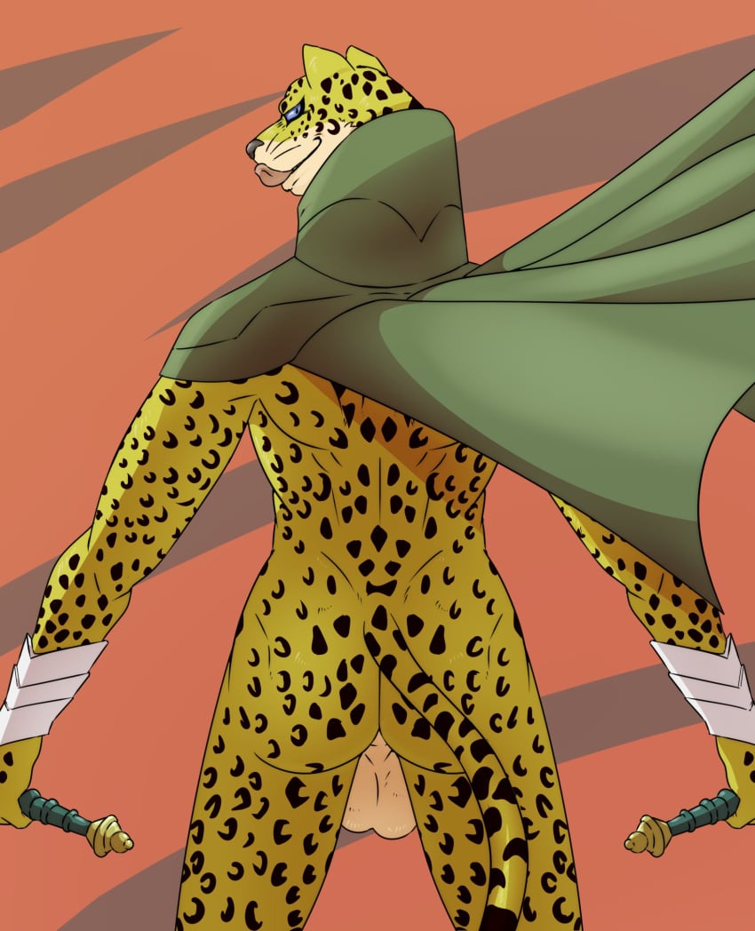 2022 a-side anthro armor ass balls better_version_at_source cape cape_only clothing cuff_(restraint) dagger daggers felid gauntlets genitals gloves green_cape handwear hi_res holding_dagger holding_object holding_weapon leopard licking licking_lips looking_at_viewer looking_back male mammal melee_weapon mostly_nude nude ose_(megami_tensei) pantherine rear_view restraints solo tongue tongue_out weapon whiskers wrist_cuffs