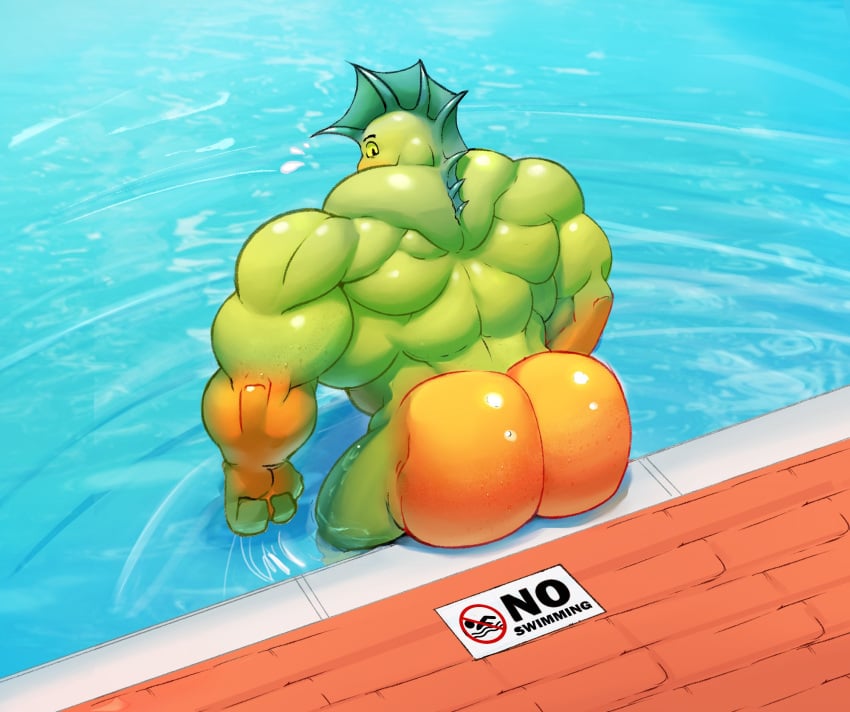 2022 anthro ass back_muscles big_butt big_hands big_muscles brick dracostreex dreamworks eyebrows fish furry glistening glistening_butt green_body hi_res huge_butt looking_at_back male male_only marine mr._piranha_(the_bad_guys) muscular muscular_anthro muscular_male nude orange_butt serrasalmid shirtless shirtless_anthro shirtless_male sign small_head solo swimming_pool the_bad_guys warning water yellow_eyes